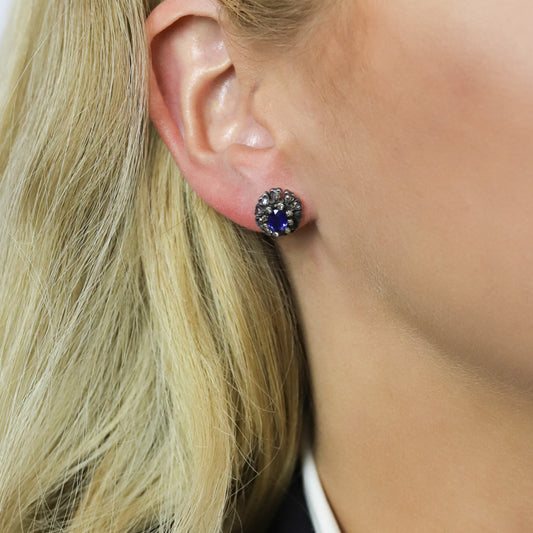 Victorian Silver & 18KT Yellow Gold Sapphire & Diamond Earrings on ear