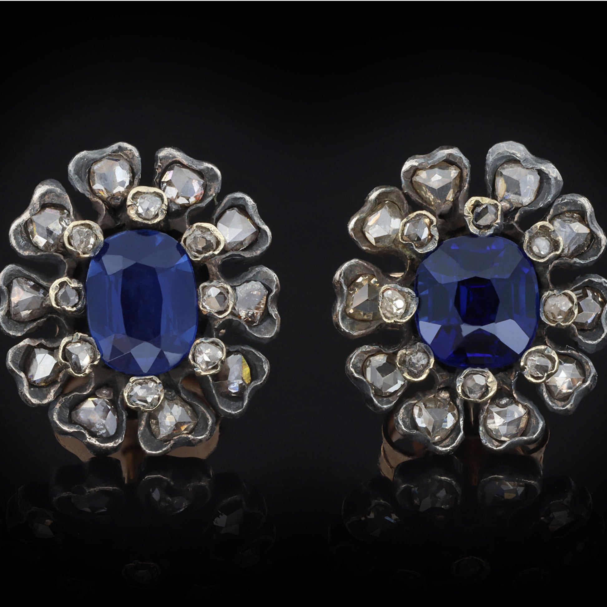 Victorian Silver & 18KT Yellow Gold Sapphire & Diamond Earrings front