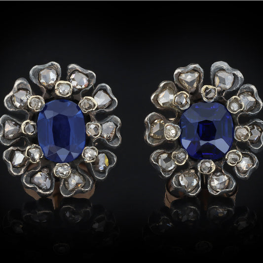 Victorian Silver & 18KT Yellow Gold Sapphire & Diamond Earrings front