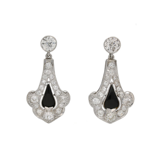Art Deco Platinum Onyx & Diamond Earrings front