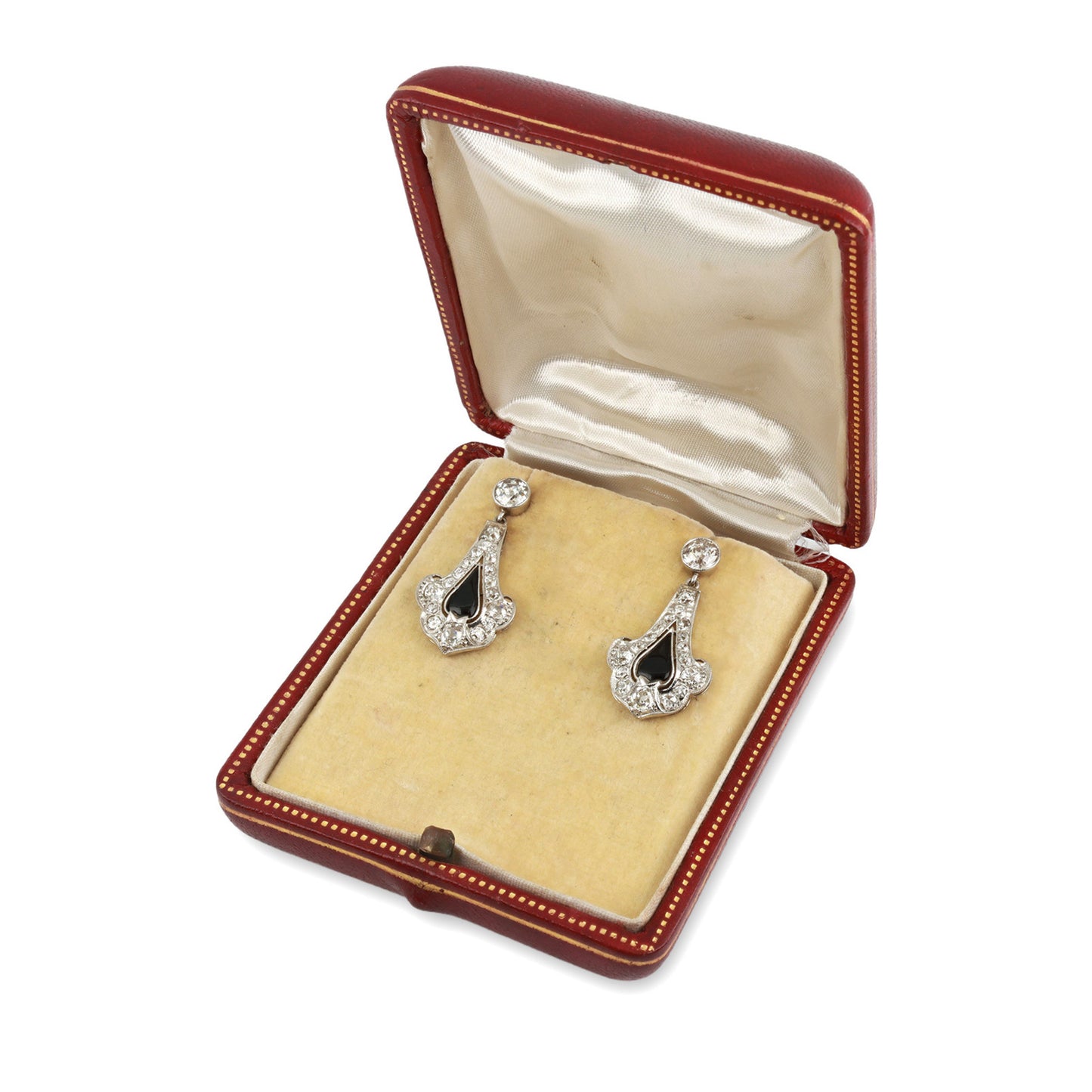 Art Deco Platinum Onyx & Diamond Earrings in box