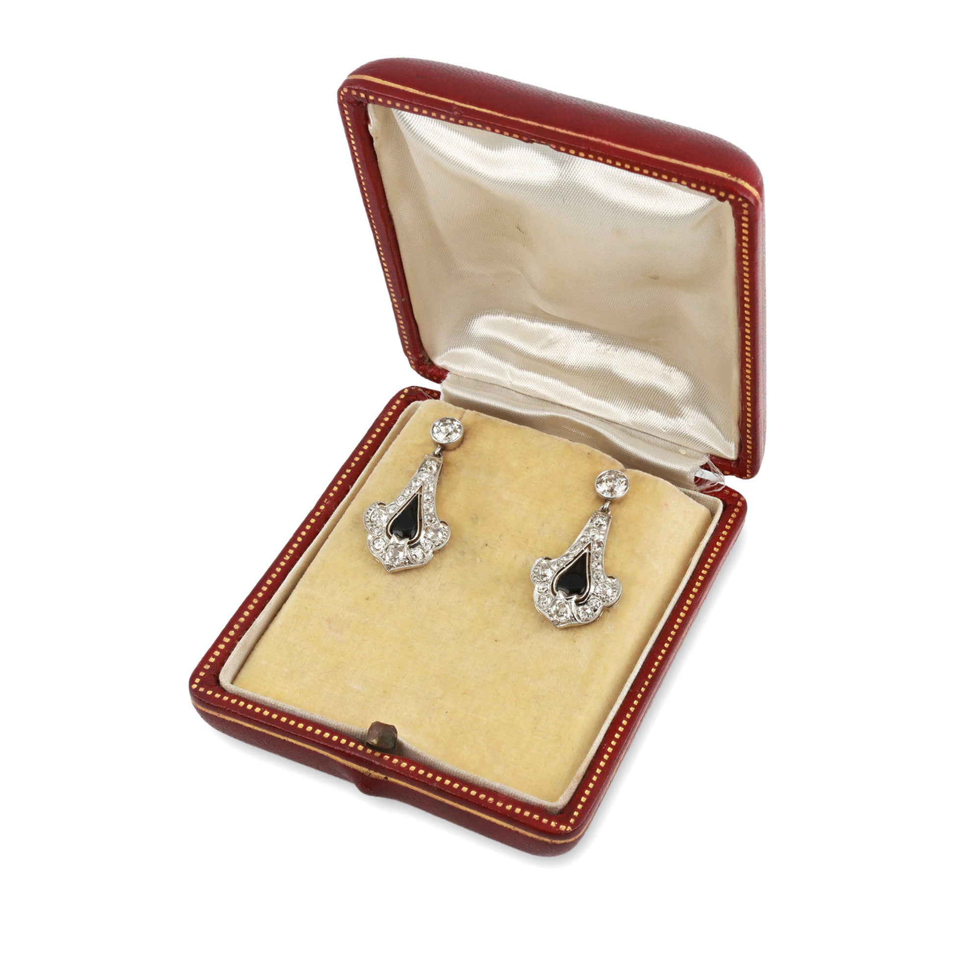 Art Deco Platinum Onyx & Diamond Earrings in box