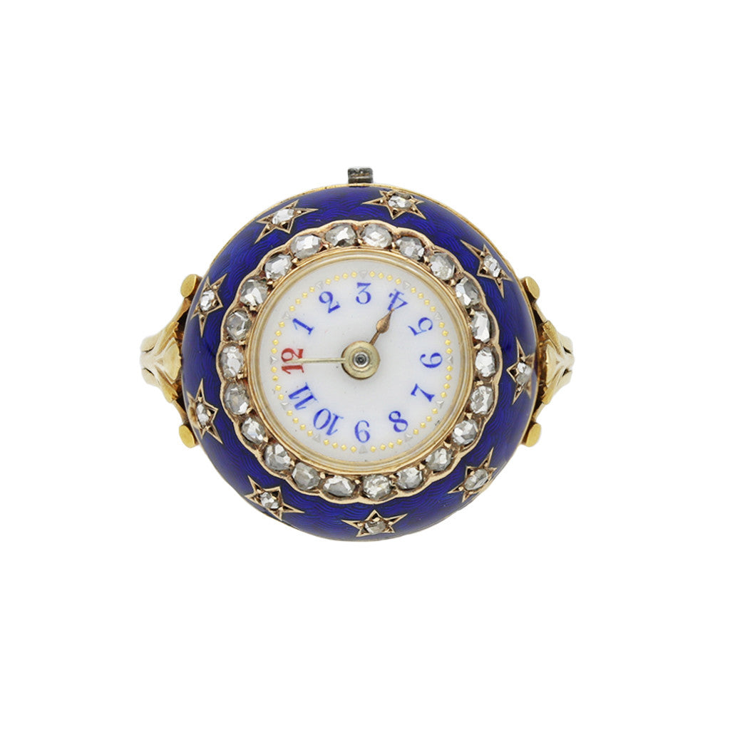 Edwardian 18KT Yellow Gold Diamond & Enamel Watch Ring front