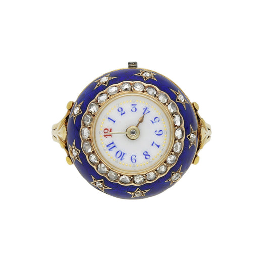 Edwardian 18KT Yellow Gold Diamond & Enamel Watch Ring front