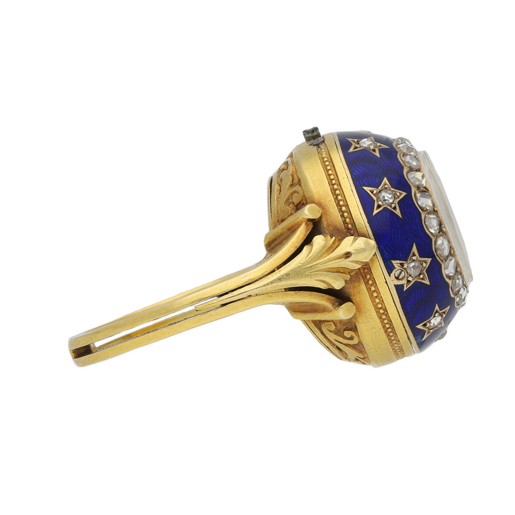 Edwardian 18KT Yellow Gold Diamond & Enamel Watch Ring side