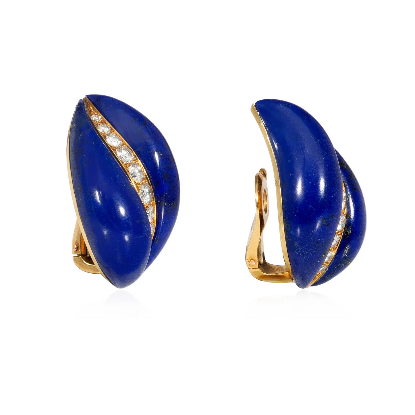 French 1970s 18KT Yellow Gold Lapis Lazuli & Diamond Earrings side