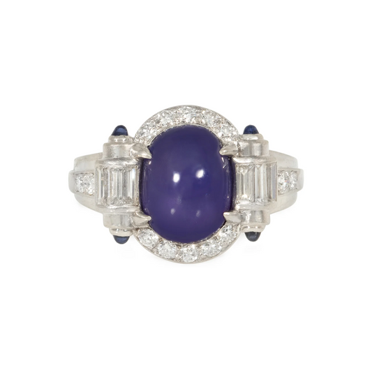 Art Deco Platinum Star Sapphire & Diamond Ring front