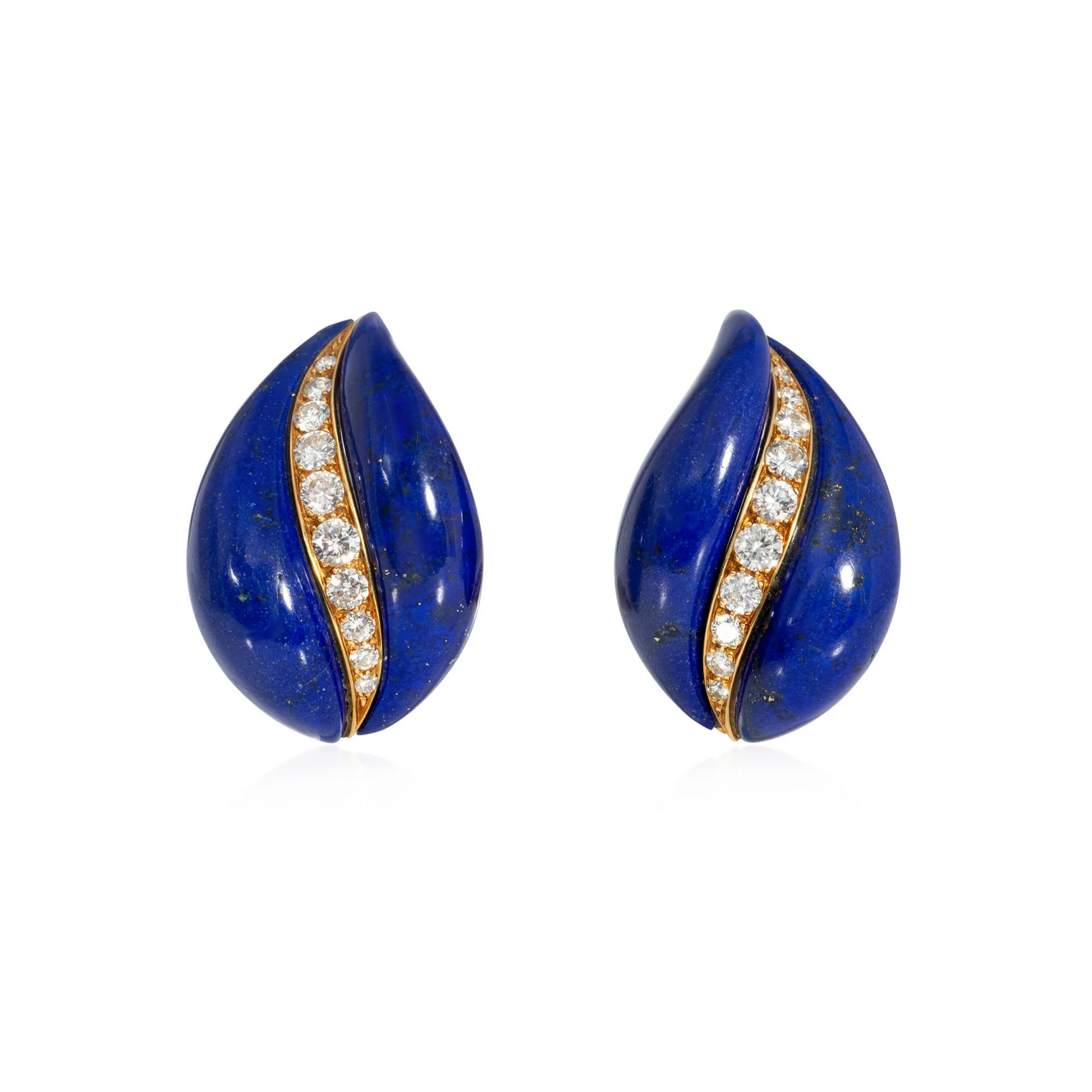 French 1970s 18KT Yellow Gold Lapis Lazuli & Diamond Earrings front
