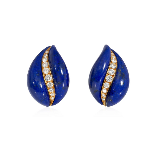 French 1970s 18KT Yellow Gold Lapis Lazuli & Diamond Earrings front