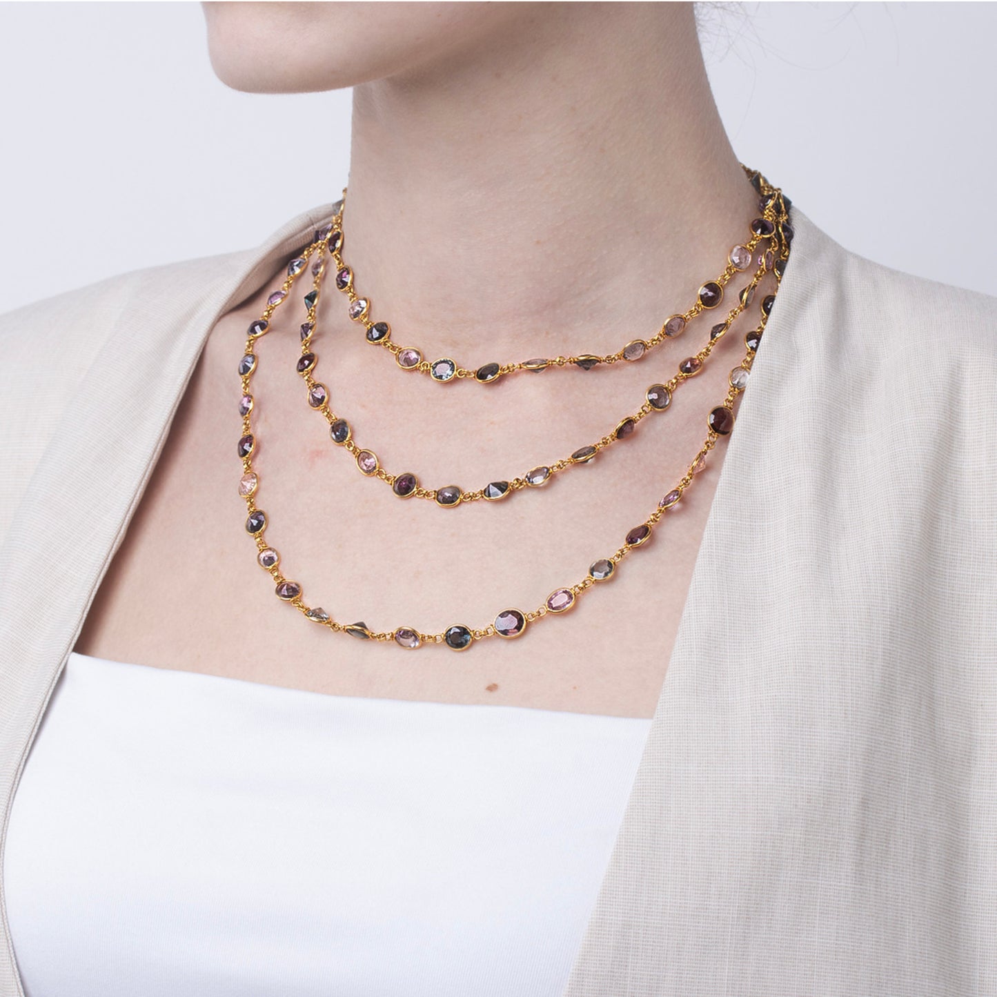 Edwardian 18KT Yellow Gold Spinel Necklace on neck