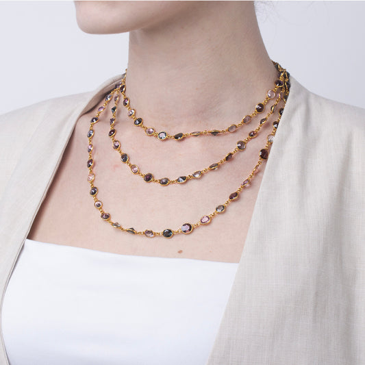 Edwardian 18KT Yellow Gold Spinel Necklace on neck