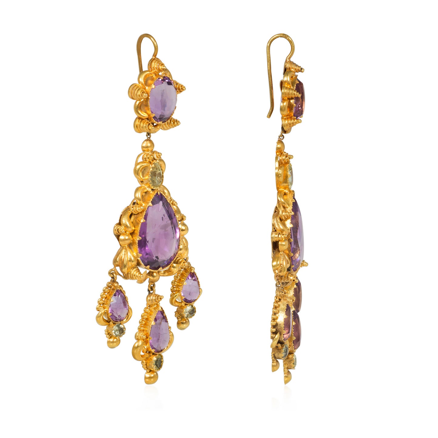 Victorian 15KT Yellow Gold Amethyst & Chrysolite Earrings side