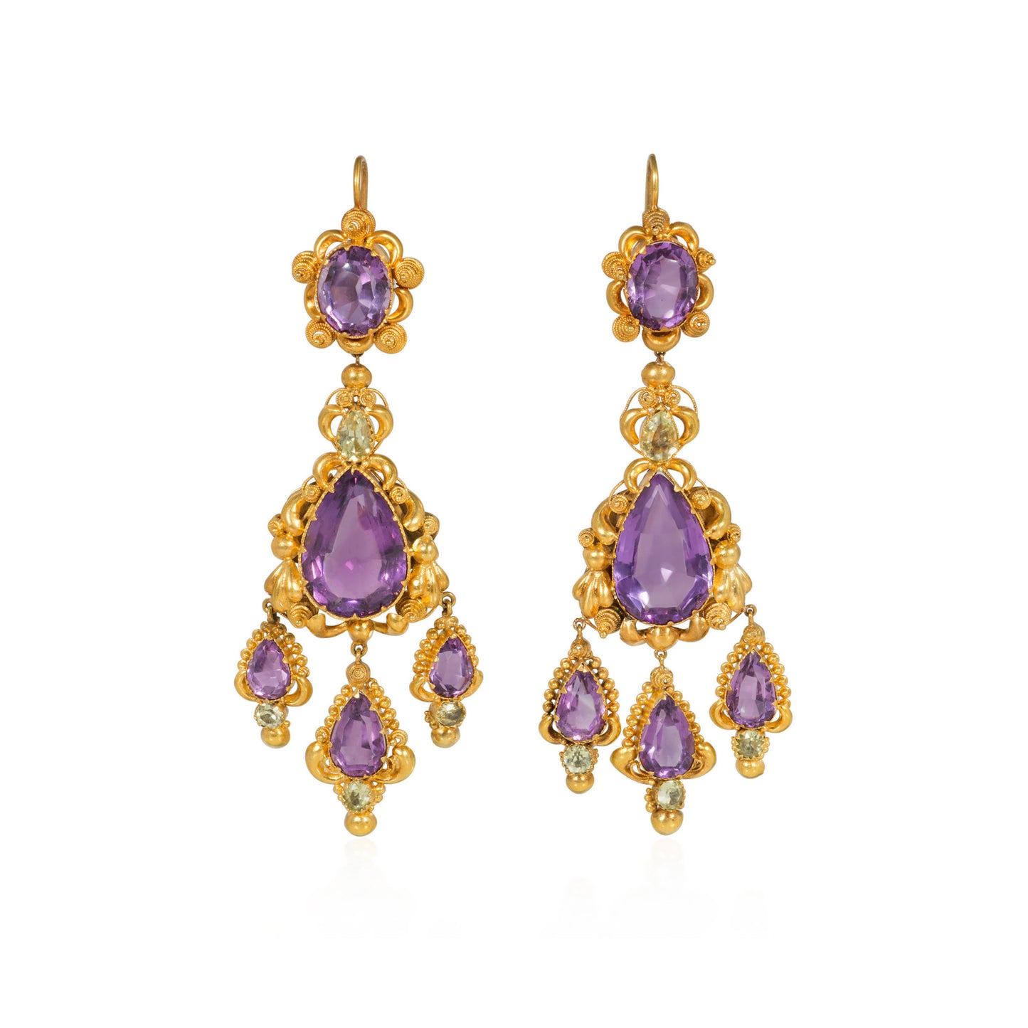 Victorian 15KT Yellow Gold Amethyst & Chrysolite Earrings front