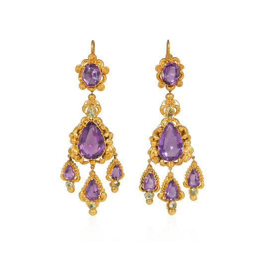 Victorian 15KT Yellow Gold Amethyst & Chrysolite Earrings front
