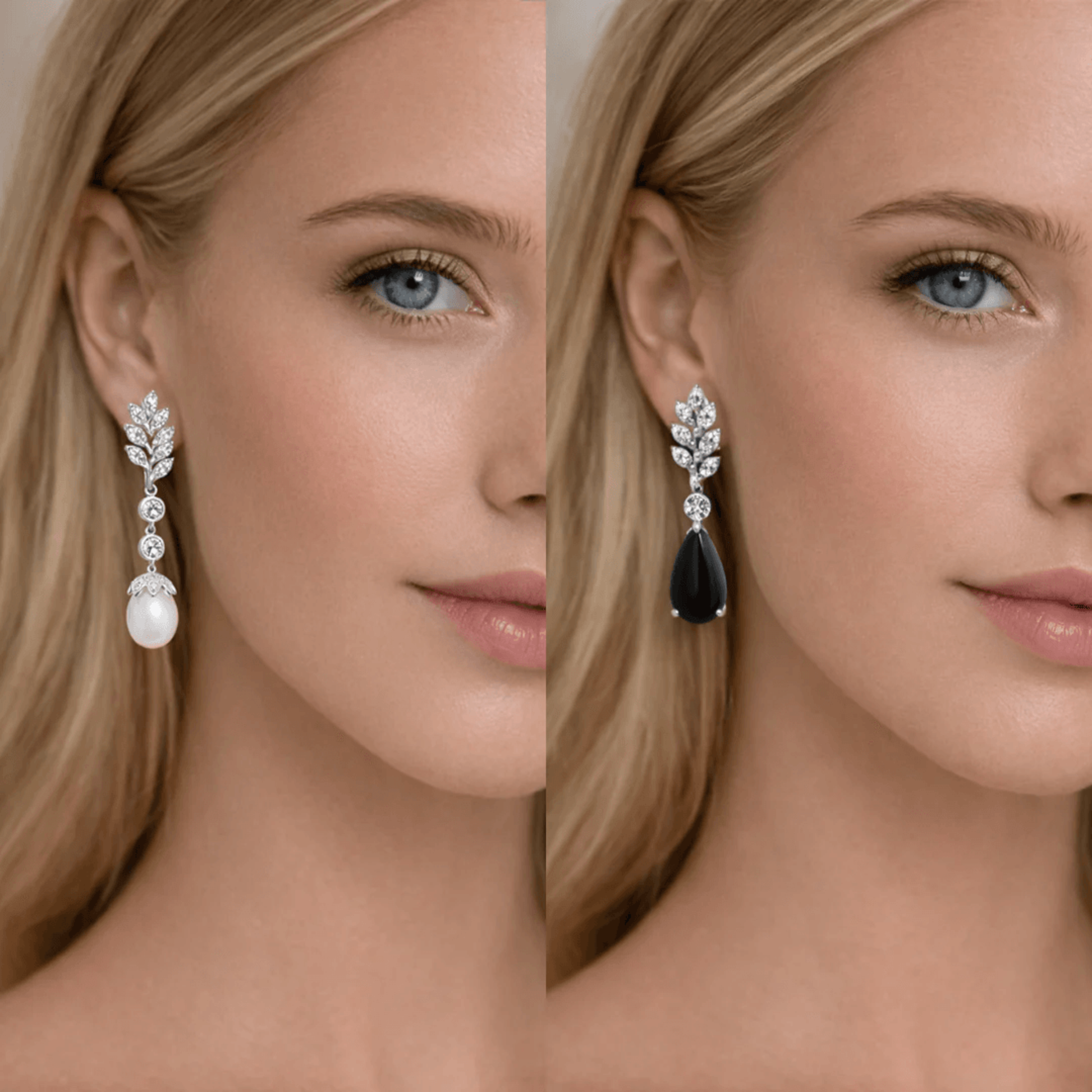 Post-1980s Platinum Cultured Pearl, Diamond & Onyx Earrings on ear