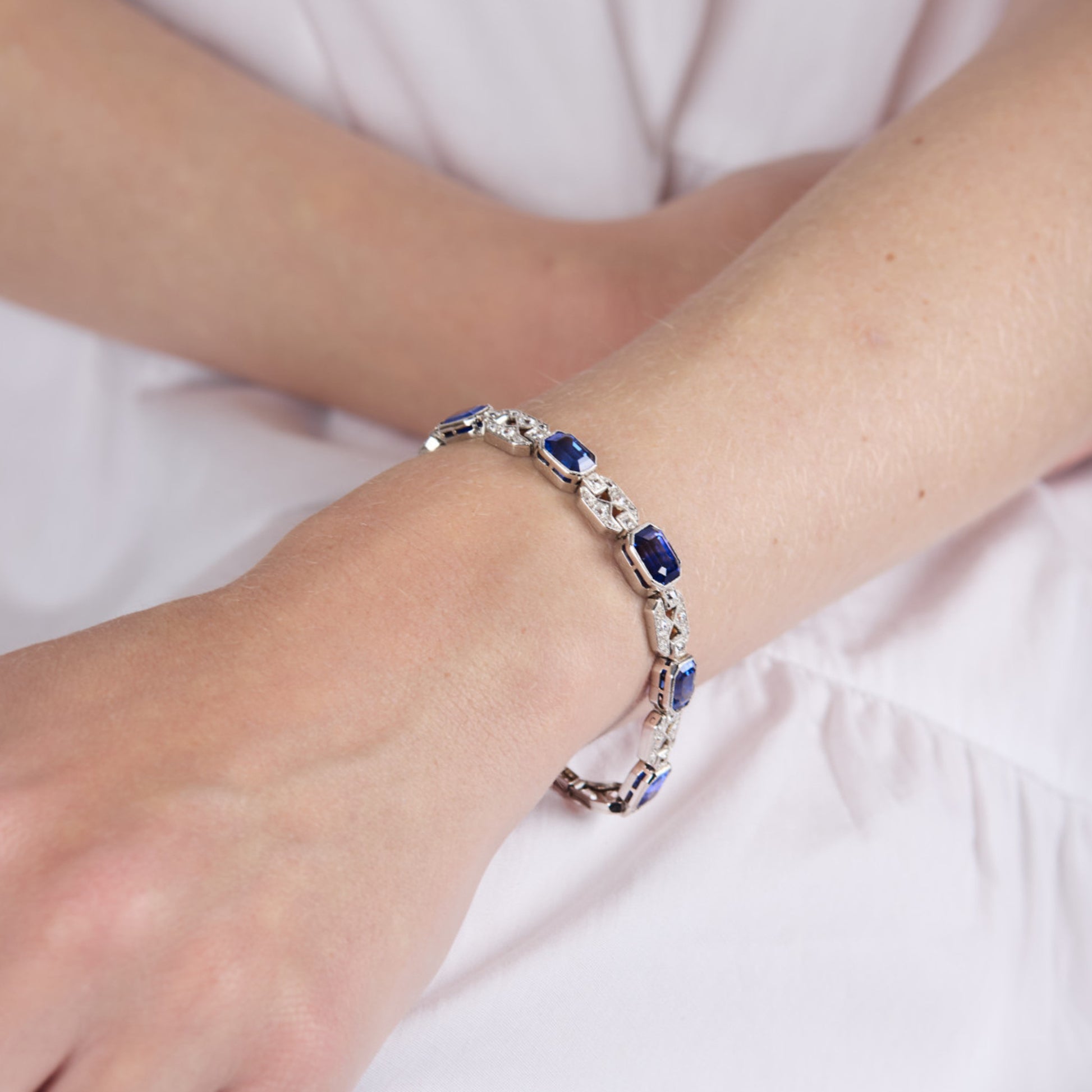 Art Deco Platinum Sapphire & Diamond Bracelet on wrist