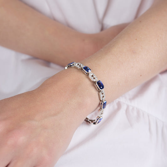 Art Deco Platinum Sapphire & Diamond Bracelet on wrist