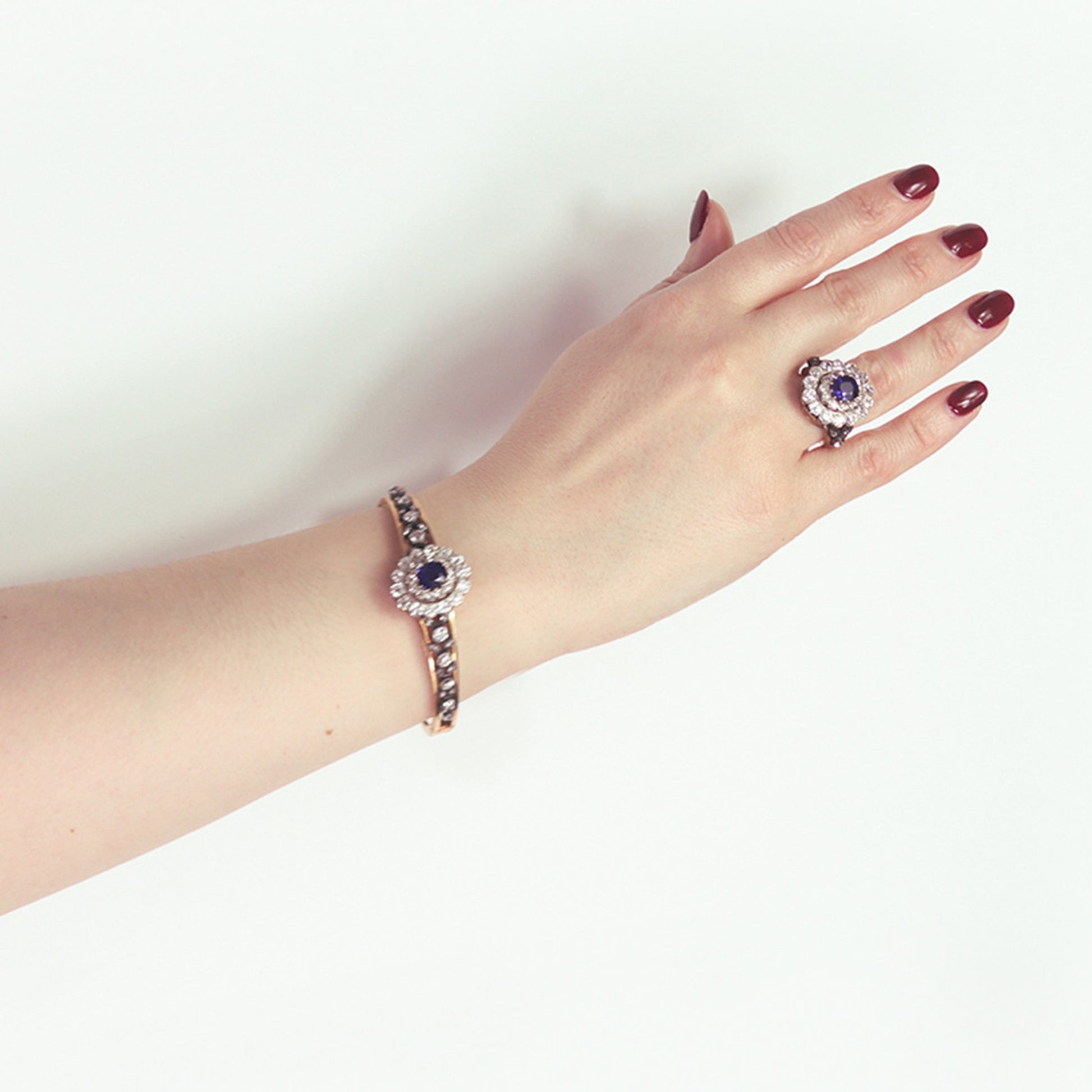French Victorian Silver & 18KT Yellow Gold Sapphire & Diamond Ring & Bracelet on wrist