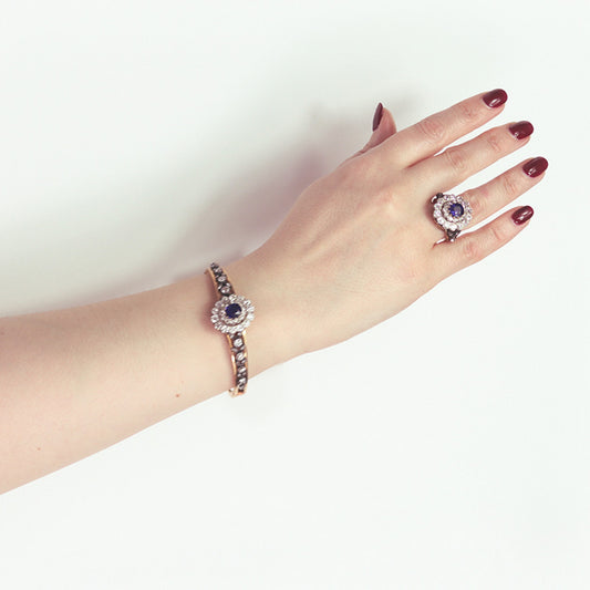 French Victorian Silver & 18KT Yellow Gold Sapphire & Diamond Ring & Bracelet on wrist