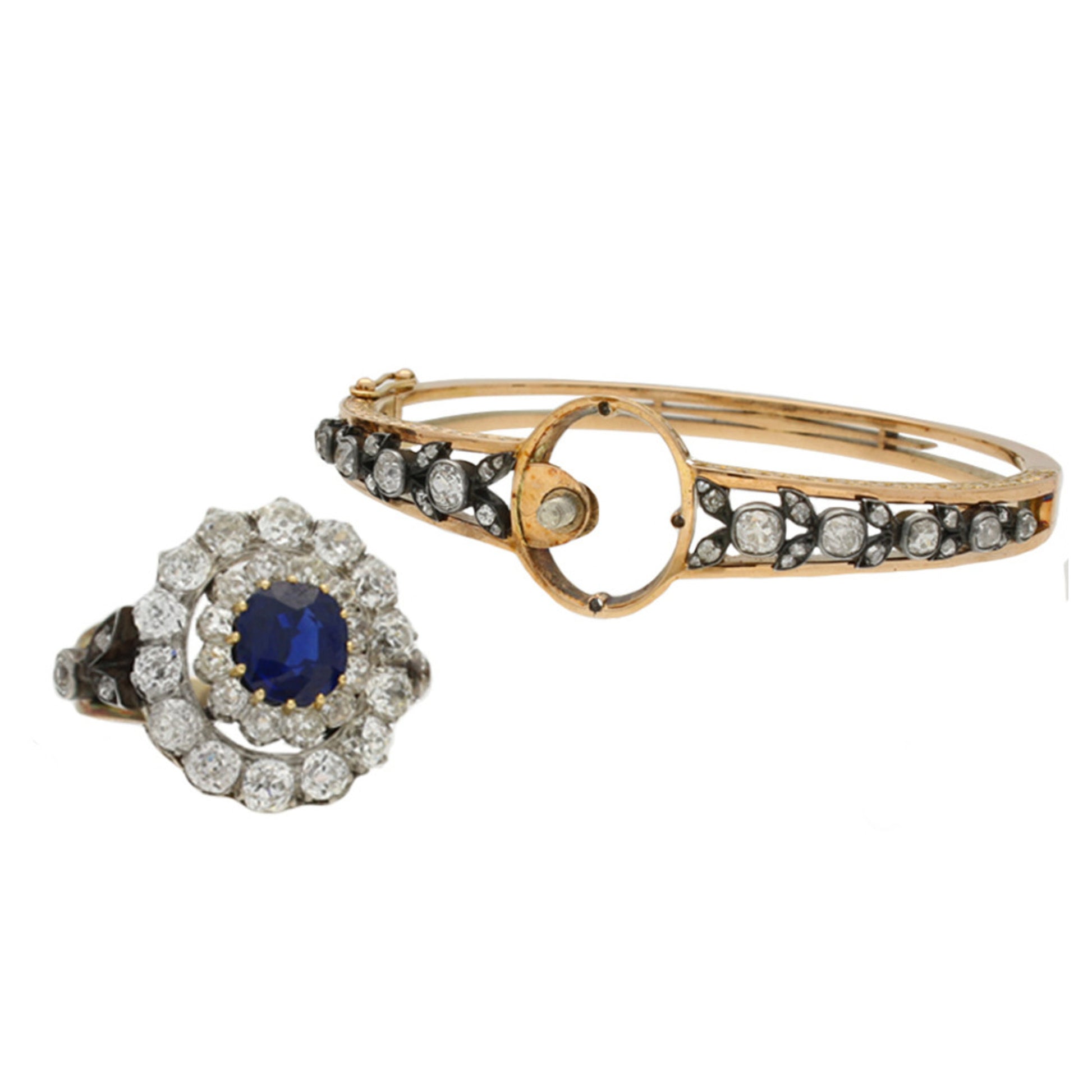 French Victorian Silver & 18KT Yellow Gold Sapphire & Diamond Ring & Bracelet front