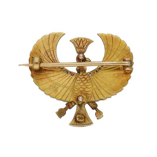 Egyptian Revival 18KT Yellow Gold Ruby, Diamond & Enamel Phoenix Brooch back