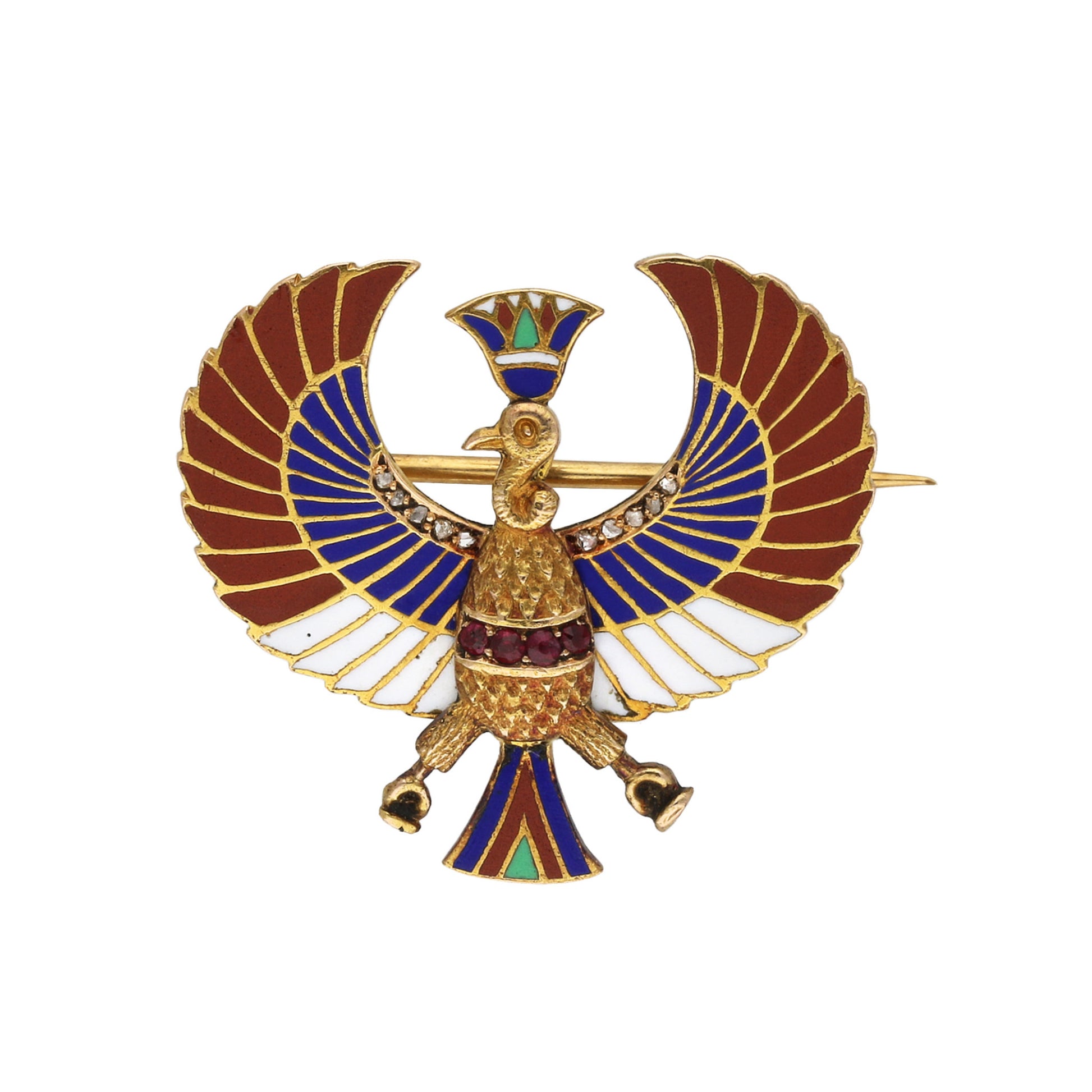 Egyptian Revival 18KT Yellow Gold Ruby, Diamond & Enamel Phoenix Brooch front