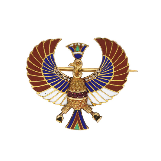 Egyptian Revival 18KT Yellow Gold Ruby, Diamond & Enamel Phoenix Brooch front