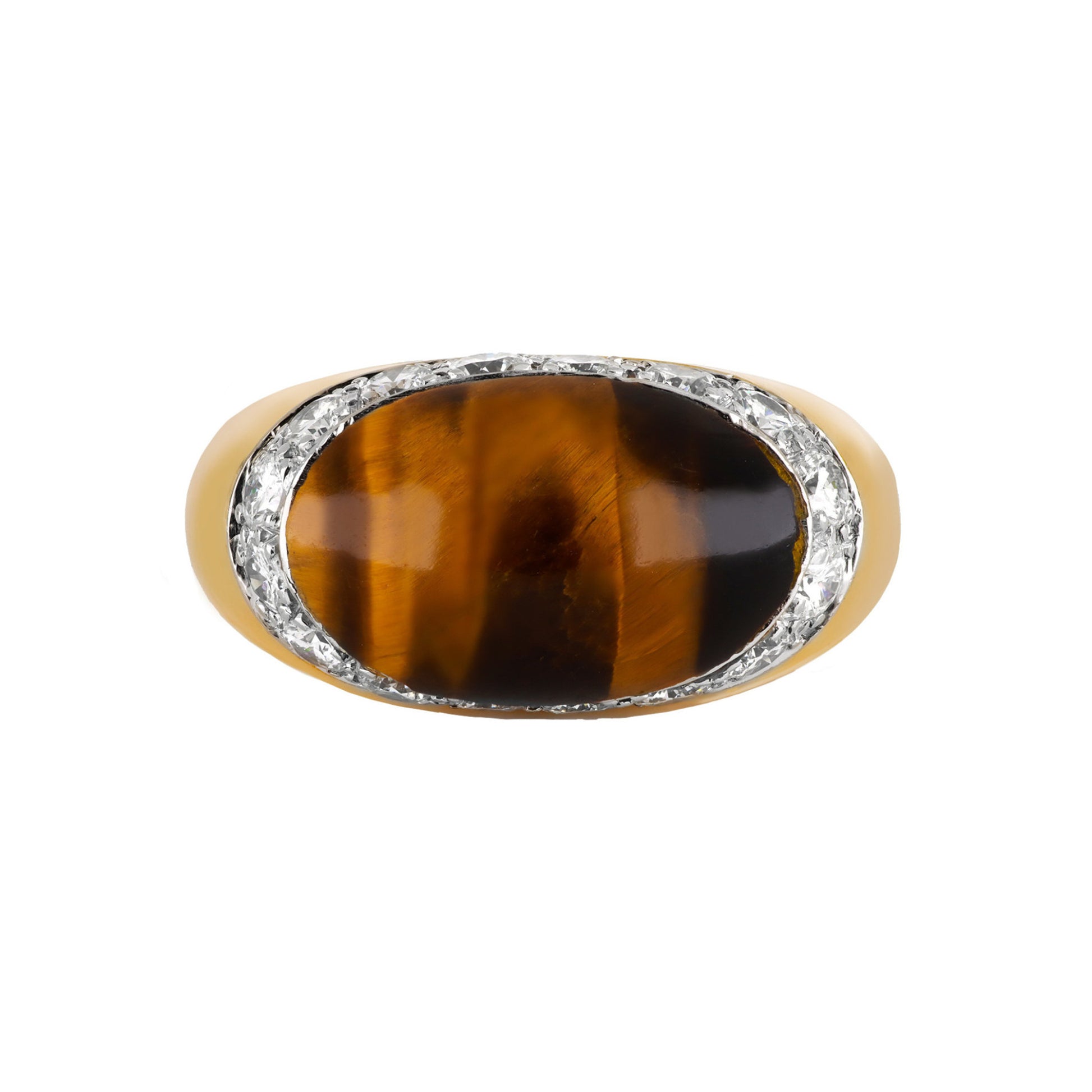 Kutchinsky London 1970s 18KT Yellow Gold Tiger's Eye & Diamond Ring front
