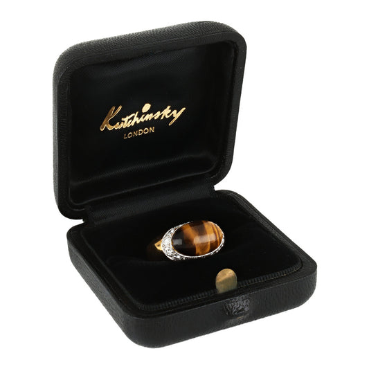 Kutchinsky London 1970s 18KT Yellow Gold Tiger's Eye & Diamond Ring in box