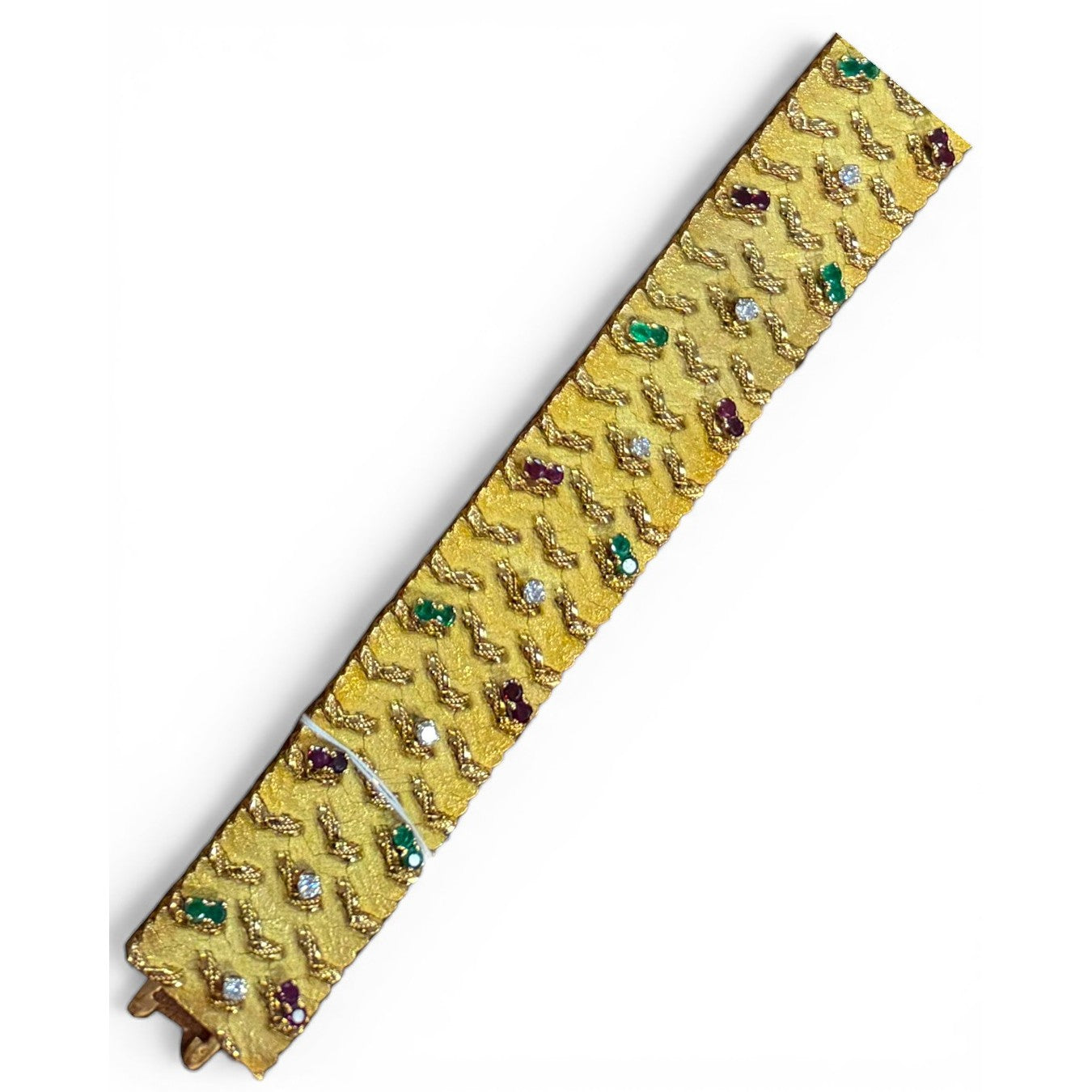 French 1960s 18KT Yellow Gold Diamond, Emerald & Ruby Bracelet front