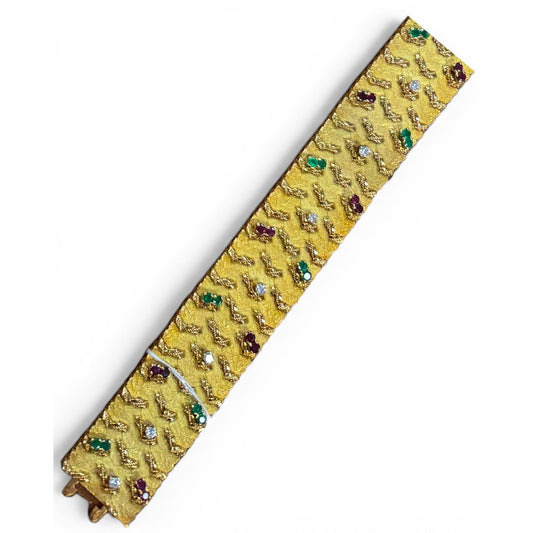 French 1960s 18KT Yellow Gold Diamond, Emerald & Ruby Bracelet front