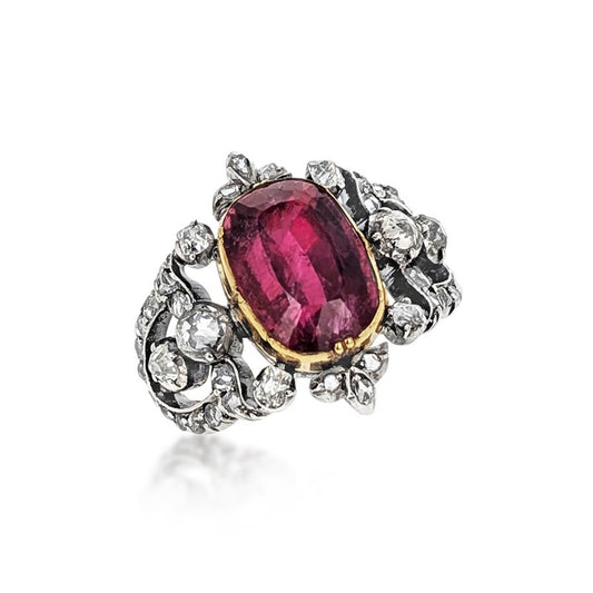Antique Silver & 18KT Yellow Gold Tourmaline & Diamond Ring front
