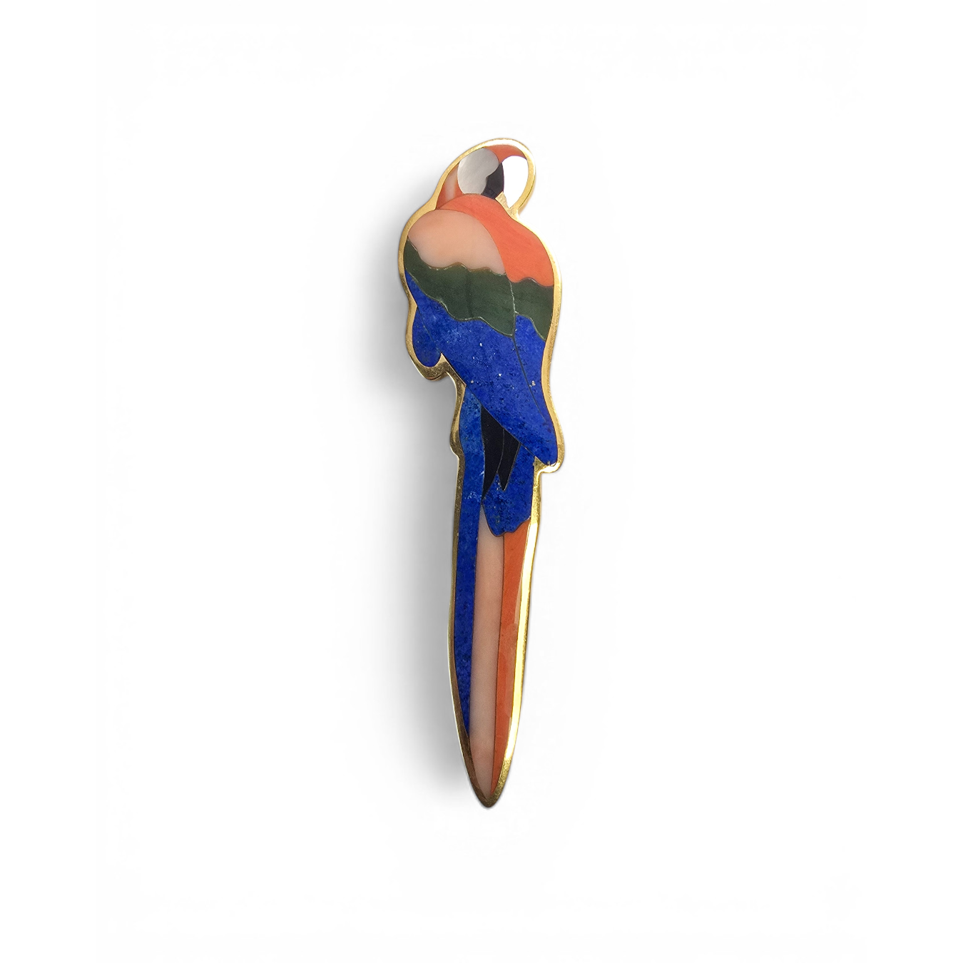 Tiffany & Co. 1980s 18KT Yellow Gold Lapis Lazuli, Agate, Coral, Malachite & Mother of Pearl Macaw Brooch front