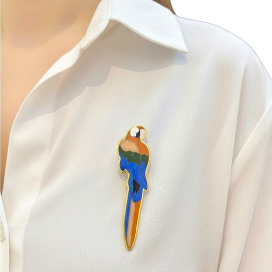 Tiffany & Co. 1980s 18KT Yellow Gold Lapis Lazuli, Agate, Coral, Malachite & Mother of Pearl Macaw Brooch on blouse