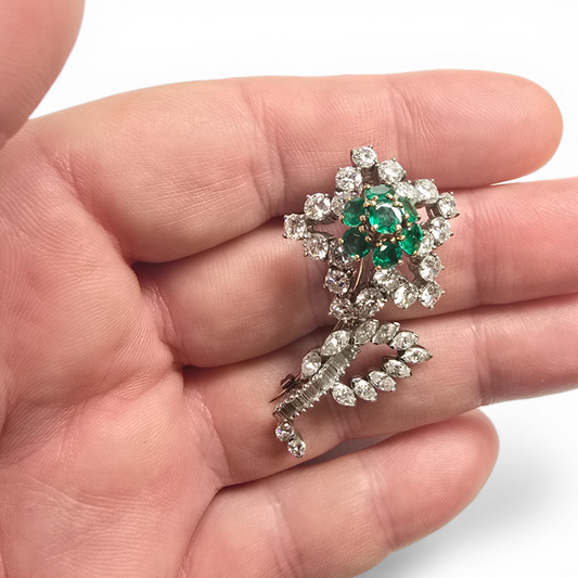 1950s Platinum & 18KT Yellow Gold Diamond & Emerald Flower Brooch front