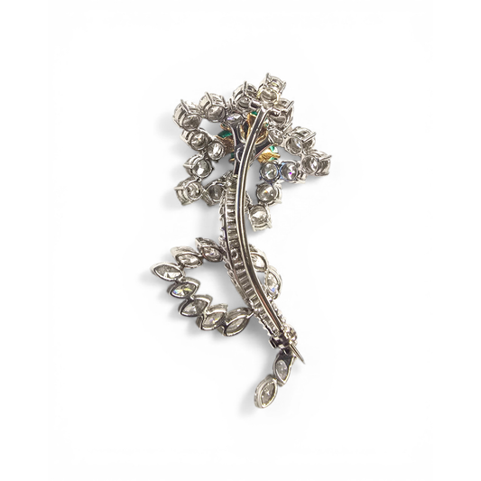 1950s Platinum & 18KT Yellow Gold Diamond & Emerald Flower Brooch back