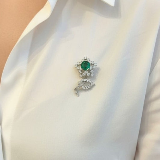 1950s Platinum & 18KT Yellow Gold Diamond & Emerald Flower Brooch on blouse