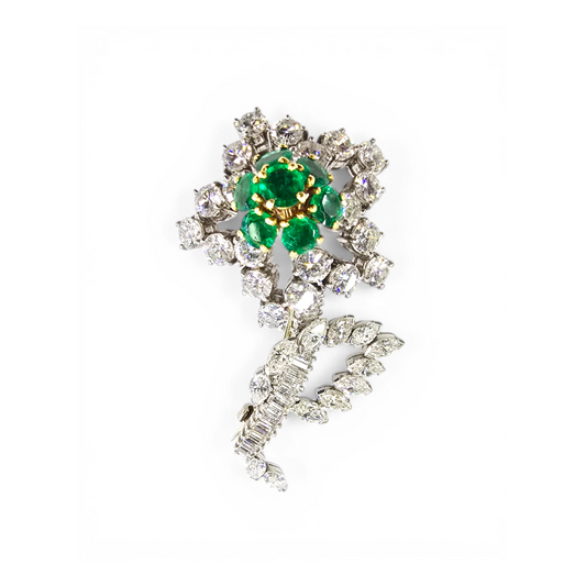 1950s Platinum & 18KT Yellow Gold Diamond & Emerald Flower Brooch front
