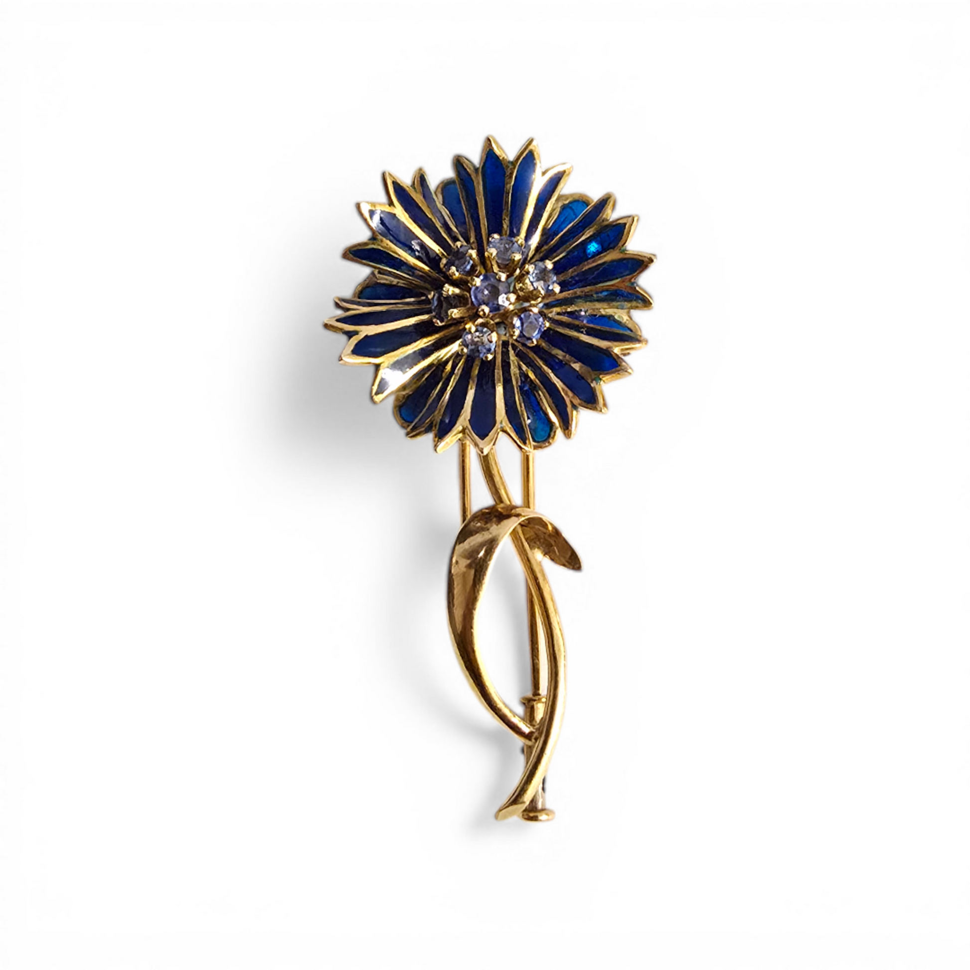 Mellerio France 1960s 18KT Yellow Gold Sapphire & Enamel Flower Brooch front