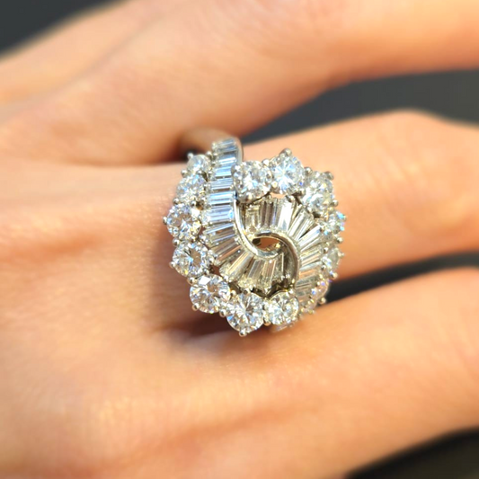 French 1950s Platinum Diamond Ring on finger