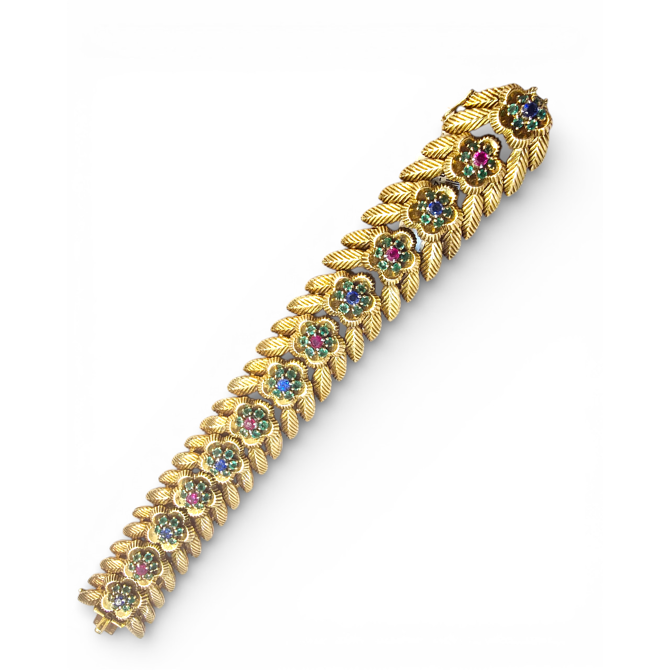 French 1950s 18KT Yellow Gold Ruby, Emerald & Sapphire Bracelet front