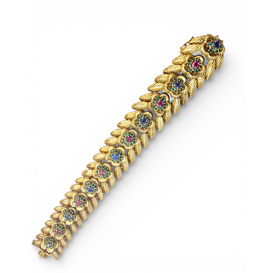 French 1950s 18KT Yellow Gold Ruby, Emerald & Sapphire Bracelet front