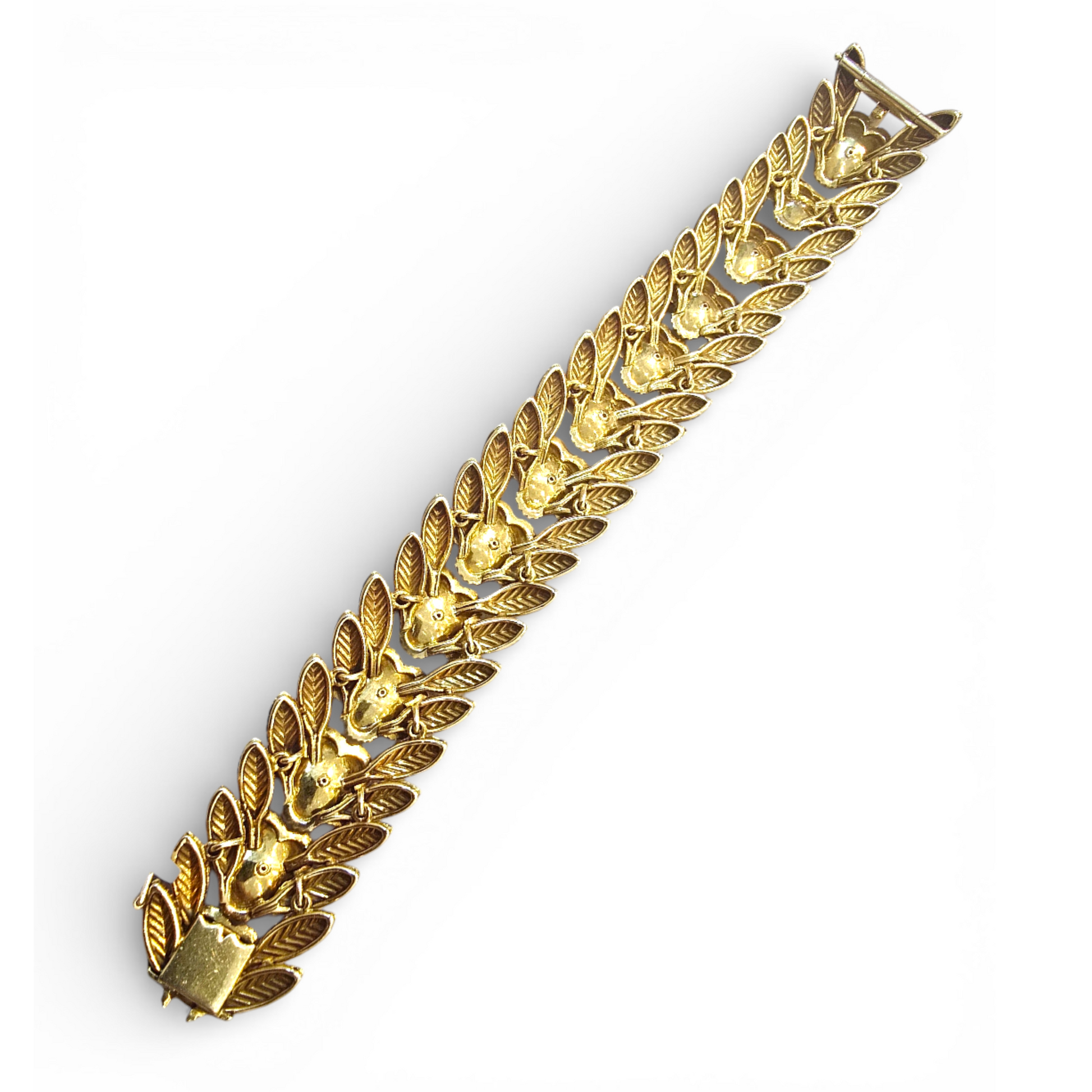French 1950s 18KT Yellow Gold Ruby, Emerald & Sapphire Bracelet back