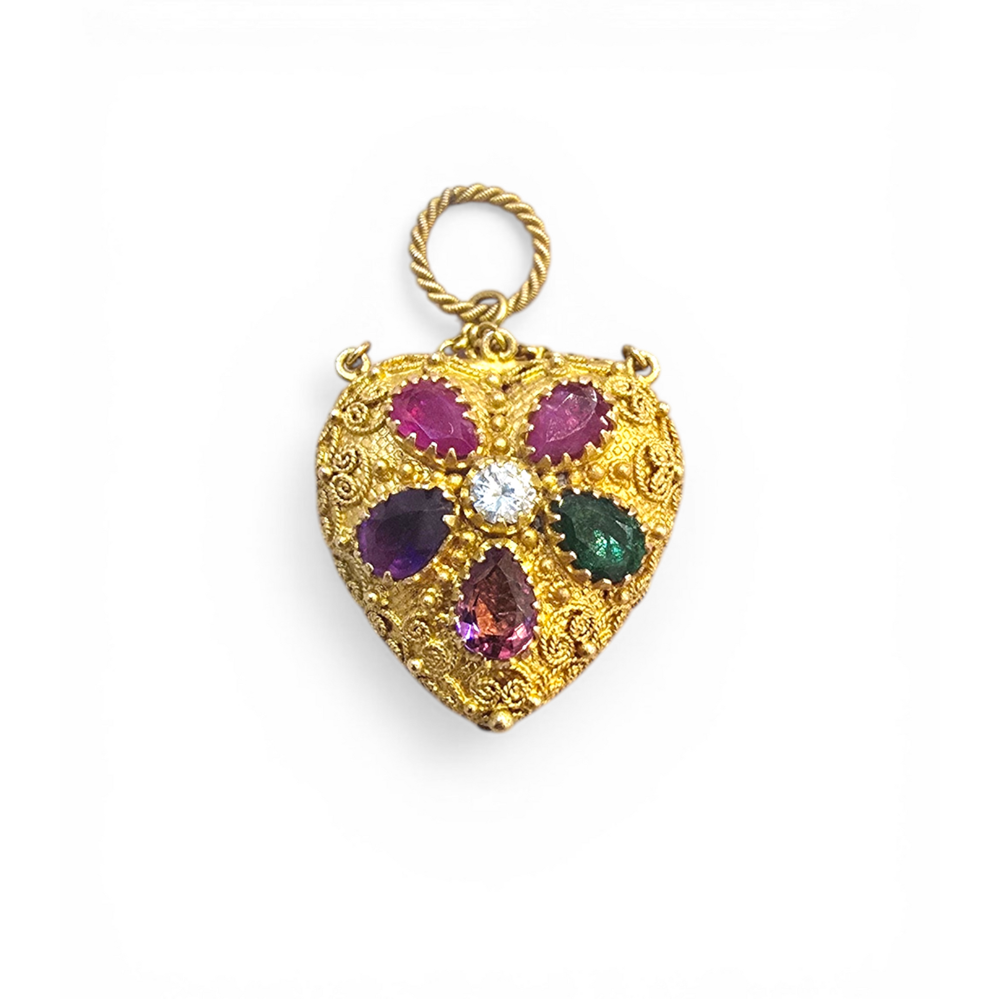 Victorian 18KT Yellow Gold Diamond, Amethyst, Emerald, Garnet & Ruby Heart Locket Pendant front