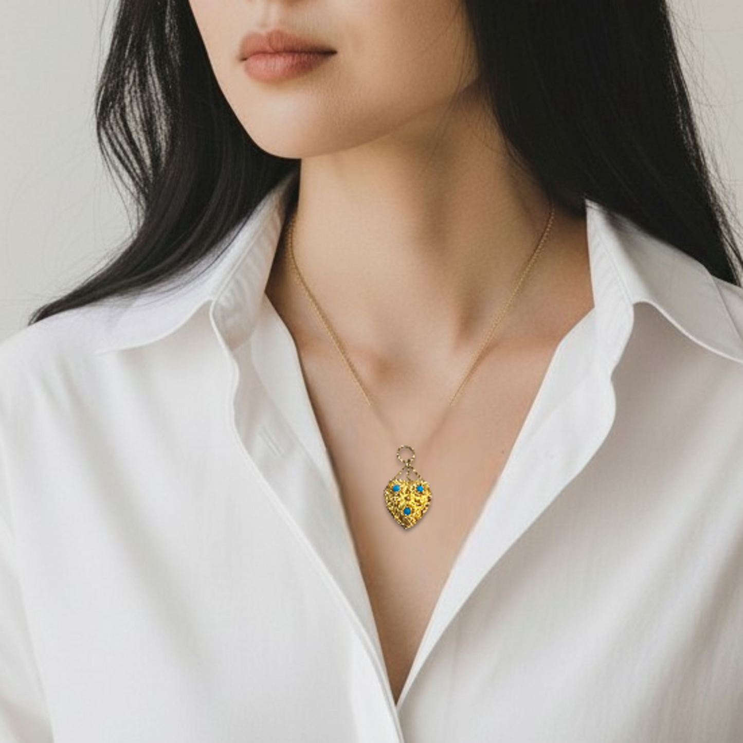 Victorian 18KT Yellow Gold Diamond, Amethyst, Emerald, Garnet & Ruby Heart Locket Pendant on neck