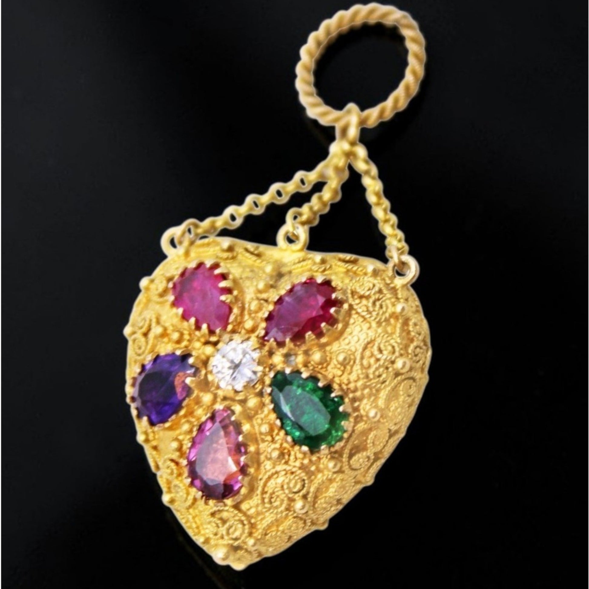 Victorian 18KT Yellow Gold Diamond, Amethyst, Emerald, Garnet & Ruby Heart Locket Pendant front