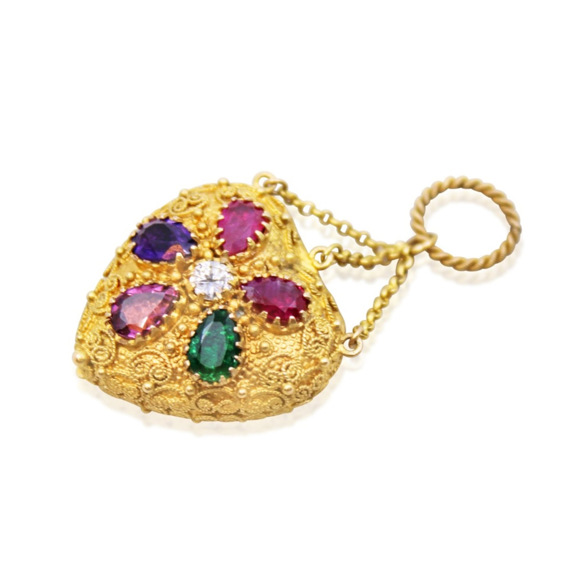 Victorian 18KT Yellow Gold Diamond, Amethyst, Emerald, Garnet & Ruby Heart Locket Pendant front