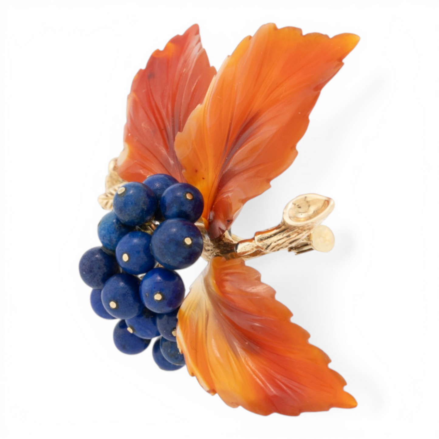 Austrian 1950s 14KT Yellow Gold Lapis Lazuli & Carnelian Agate Brooch side