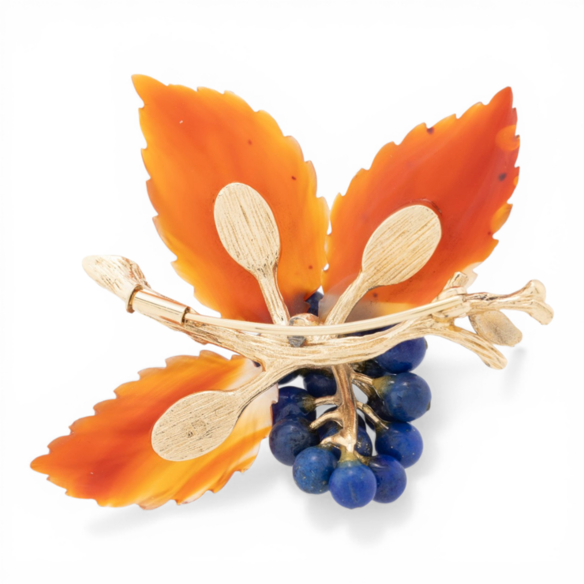 Austrian 1950s 14KT Yellow Gold Lapis Lazuli & Carnelian Agate Brooch back