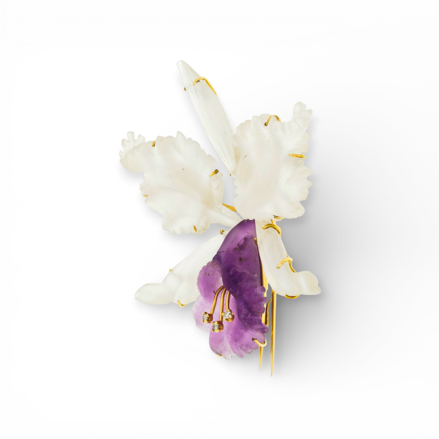 Austrian 1960s 18KT Yellow Gold Amethyst, Diamond & Rock Crystal Orchid Brooch side
